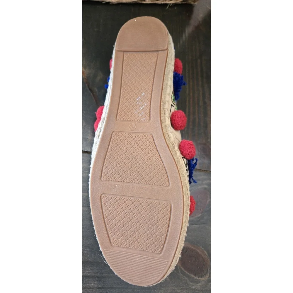 TORY BURCH Ellis‎ Pom-pom Embroidered Leather Textile Espadrille Flats 7.5 Shoes